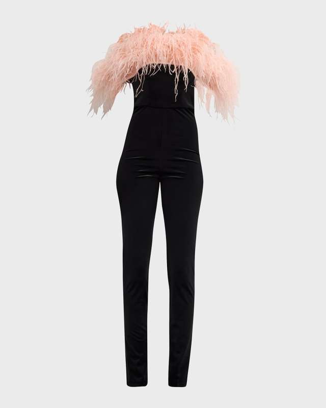 Florentina Off-Shoulder Feather-Trim Jumpsuit